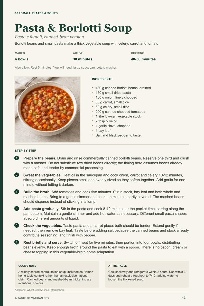 Actual PDF page 13 from A Taste of Vatican City: Pasta & Borlotti Soup recipe page.