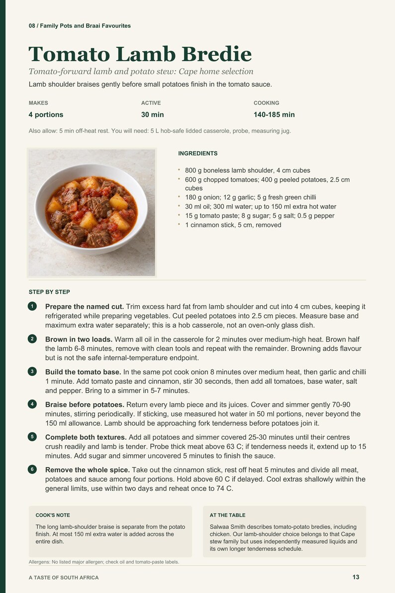 Actual PDF page 13 from A Taste of South Africa: Tomato Lamb Bredie recipe page.