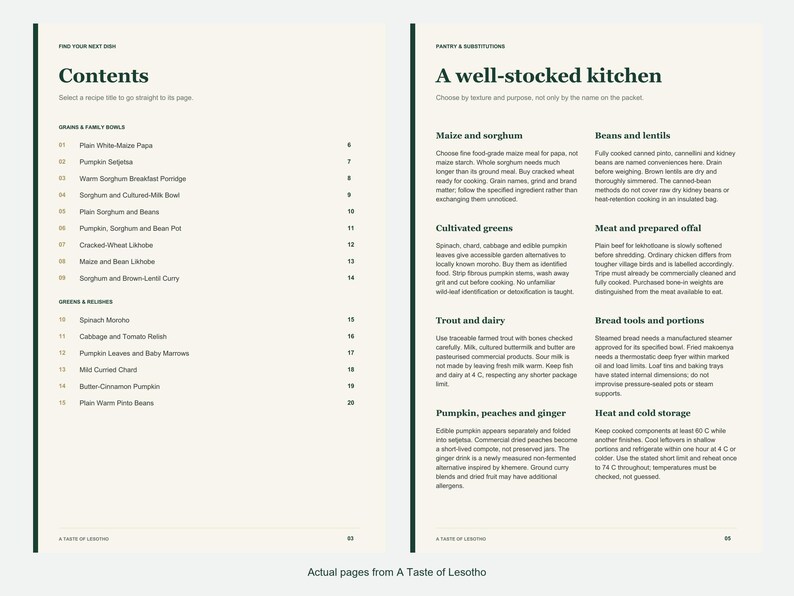 Actual contents and kitchen-notes pages from A Taste of Lesotho.
