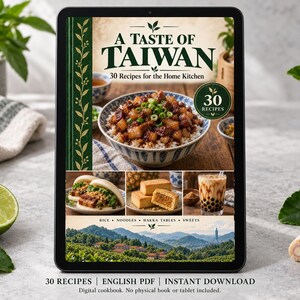 Digital cookbook mockup displaying the actual A Taste of Taiwan cover. English PDF download only; no tablet or physical book included.