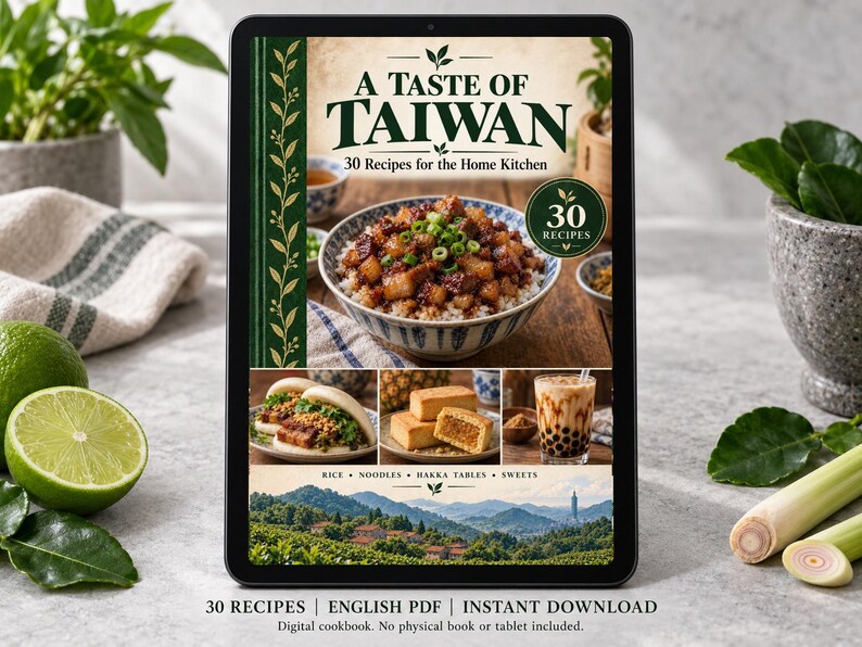 Digital cookbook mockup displaying the actual A Taste of Taiwan cover. English PDF download only; no tablet or physical book included.