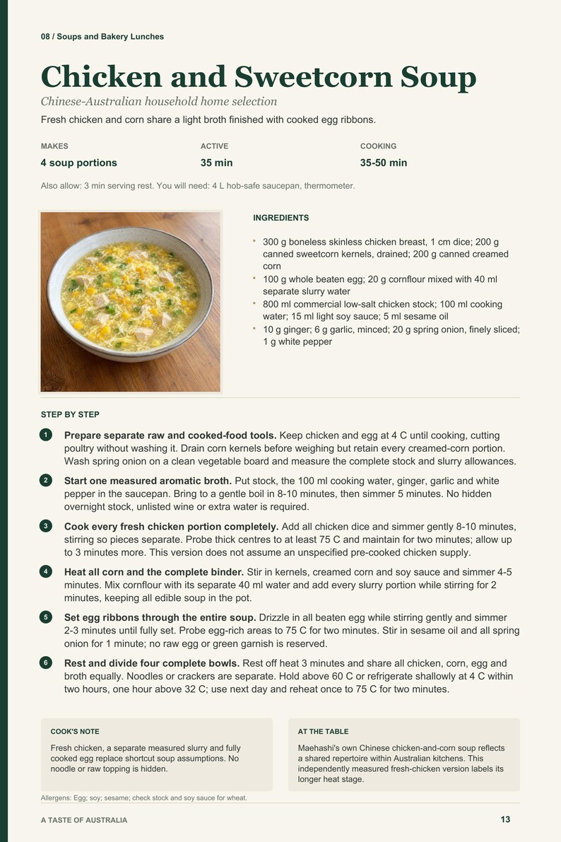 Actual PDF page 13 from A Taste of Australia: Chicken and Sweetcorn Soup recipe page.