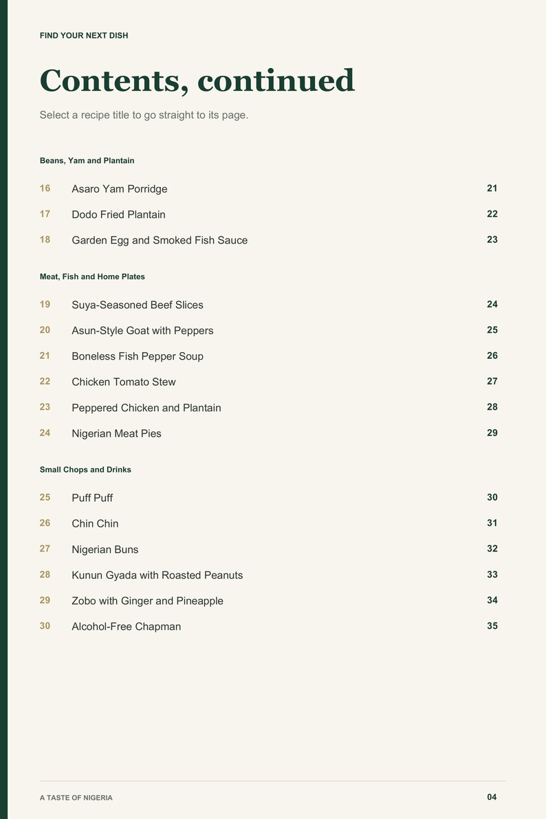 Actual PDF page 4 from A Taste of Nigeria: Contents, page 2.