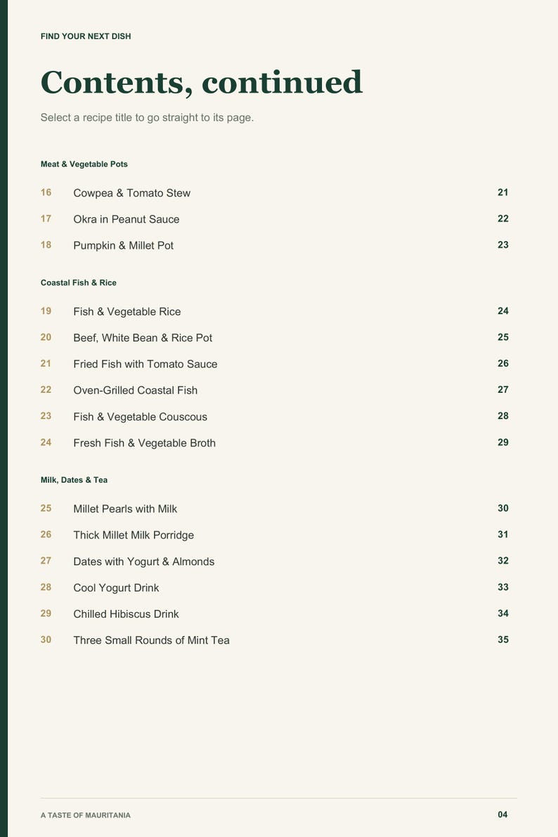Actual PDF page 4 from A Taste of Mauritania: Contents, page 2.