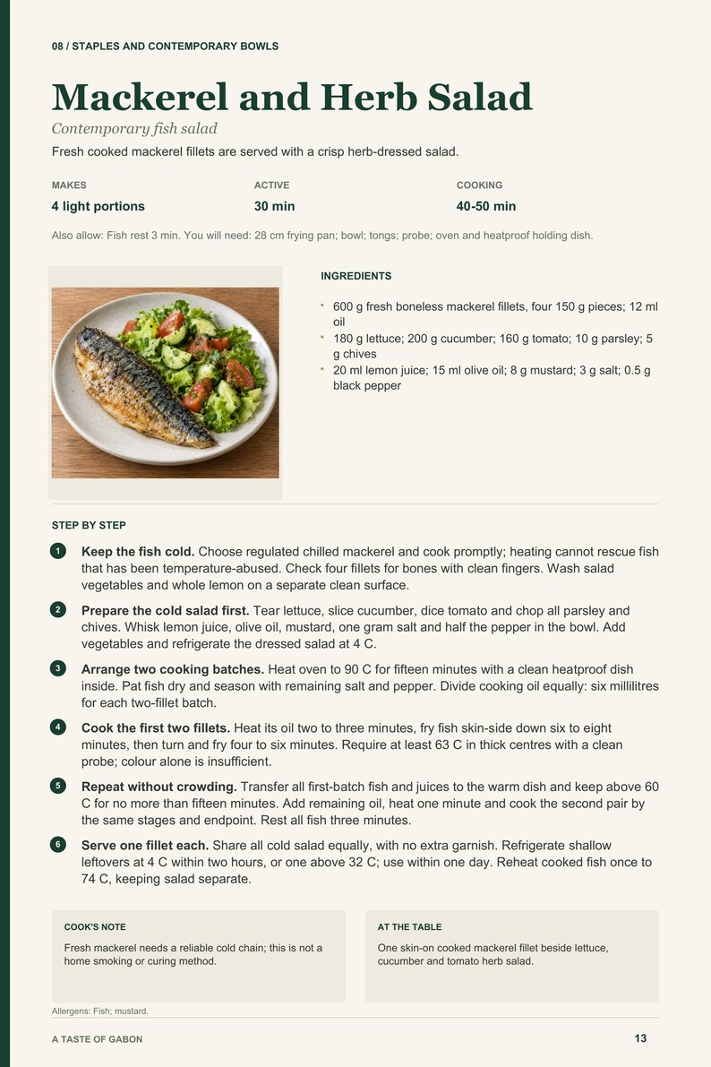 Actual PDF page 13 from A Taste of Gabon: Mackerel and Herb Salad recipe page.