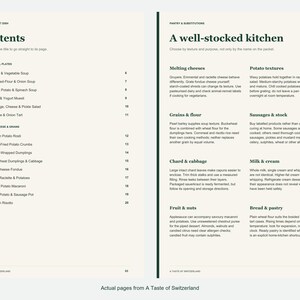 Actual contents and kitchen-notes pages from A Taste of Switzerland.