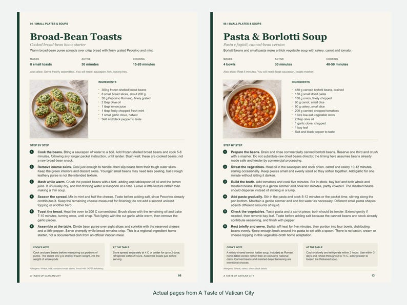 Two actual recipe pages from A Taste of Vatican City.