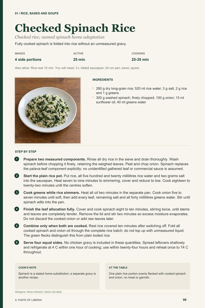 Actual PDF page 6 from A Taste of Liberia: Checked Spinach Rice recipe page.