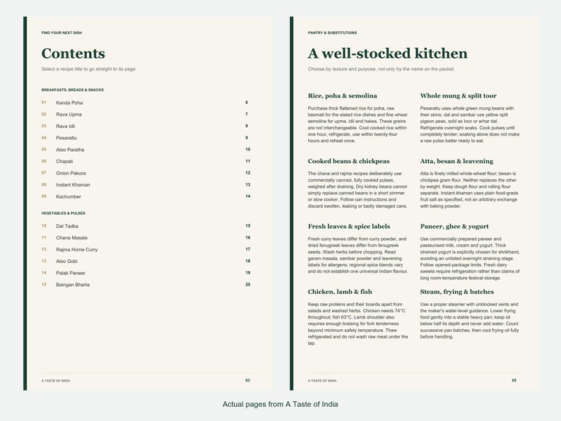 Actual contents and kitchen-notes pages from A Taste of India.