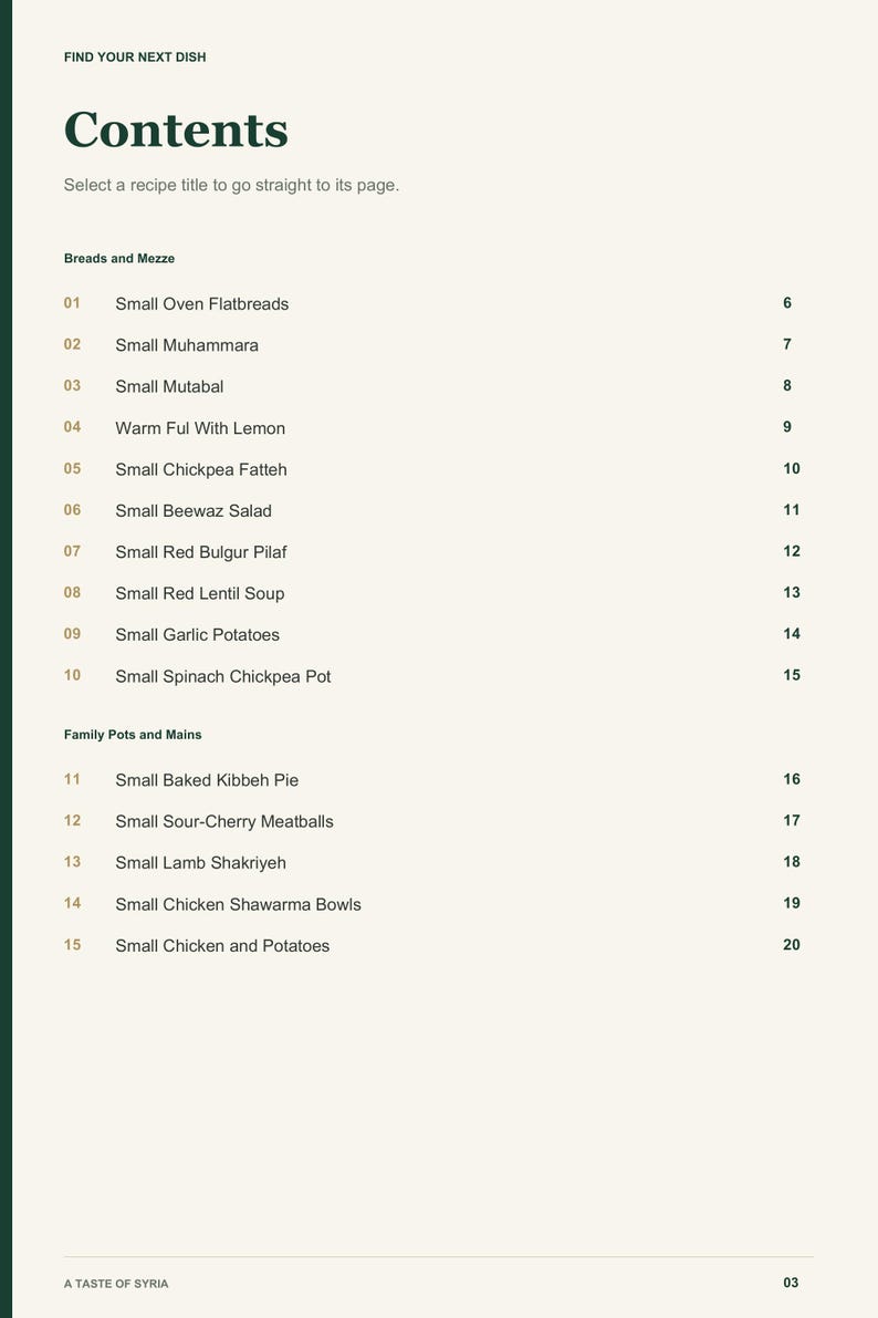 Actual PDF page 3 from A Taste of Syria: Contents, page 1.