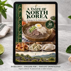 Digital cookbook mockup displaying the actual A Taste of North Korea cover. English PDF download only; no tablet or physical book included.