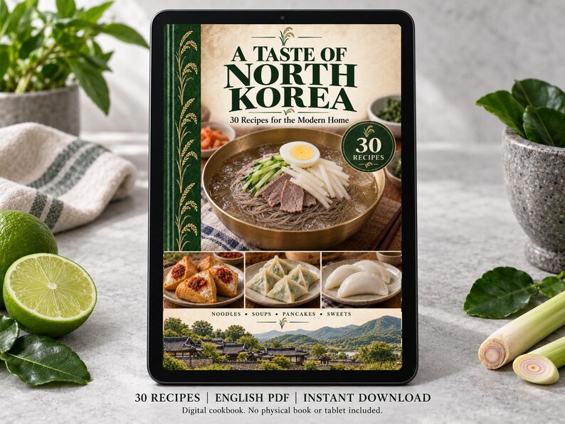 Digital cookbook mockup displaying the actual A Taste of North Korea cover. English PDF download only; no tablet or physical book included.