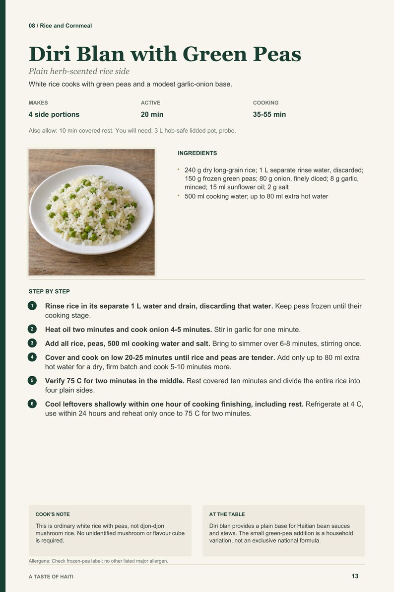 Actual PDF page 13 from A Taste of Haiti: Diri Blan with Green Peas recipe page.