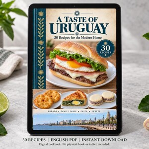 Digital cookbook mockup displaying the actual A Taste of Uruguay cover. English PDF download only; no tablet or physical book included.