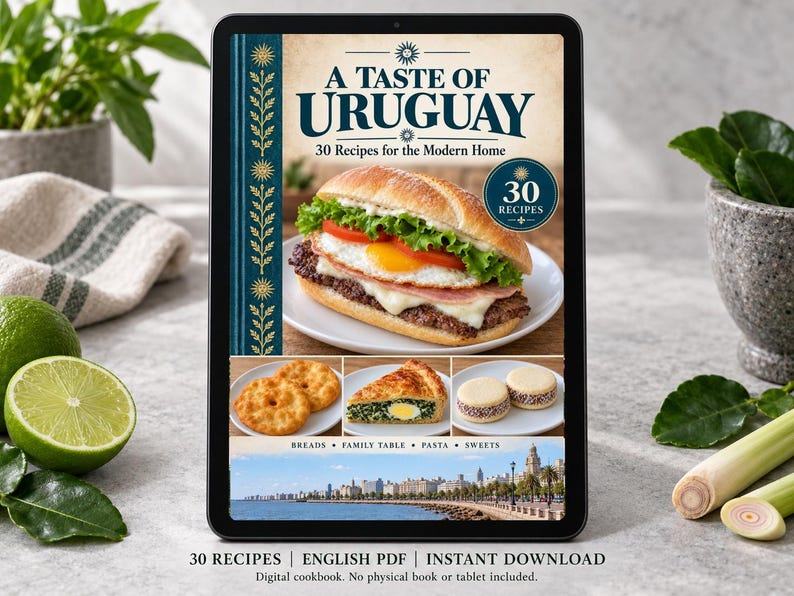 Digital cookbook mockup displaying the actual A Taste of Uruguay cover. English PDF download only; no tablet or physical book included.
