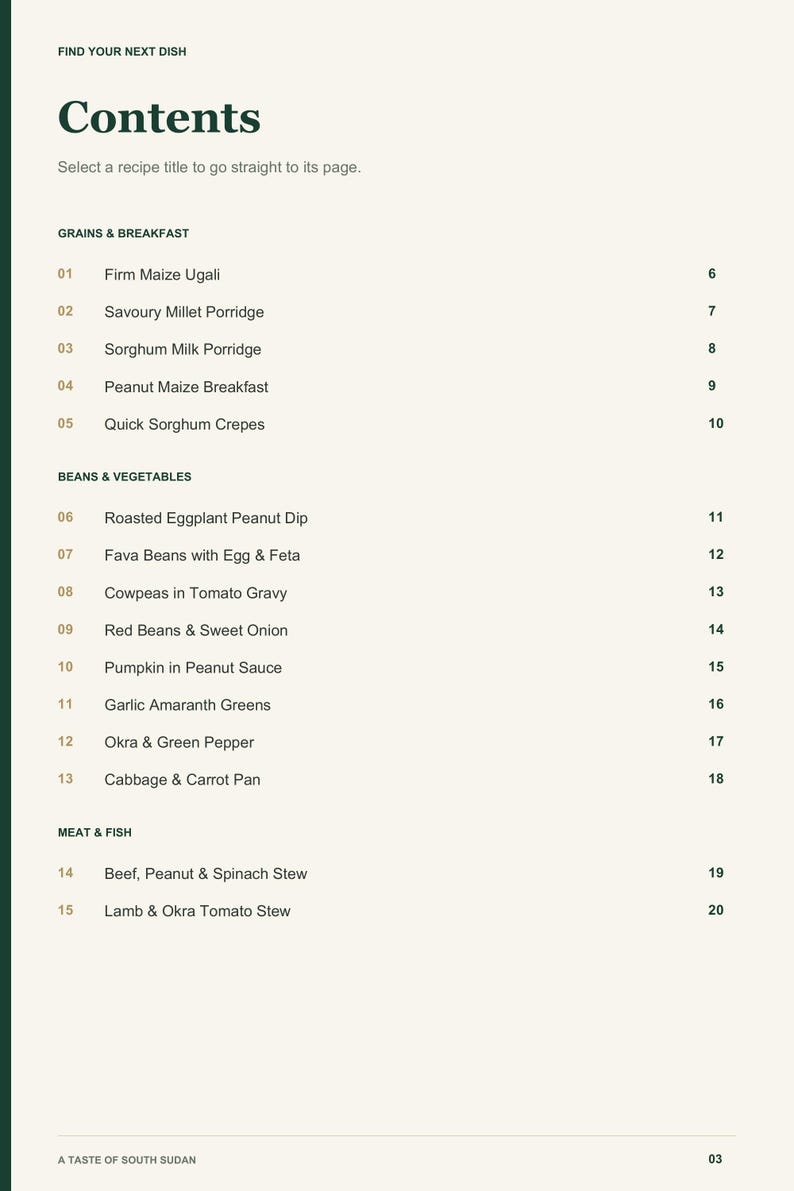 Actual PDF page 3 from A Taste of South Sudan: Contents, page 1.