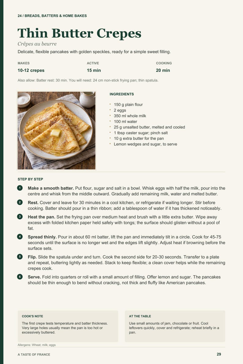 Actual PDF page 29 from A Taste of France: Thin Butter Crepes recipe page.