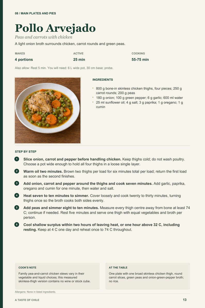 Actual PDF page 13 from A Taste of Chile: Pollo Arvejado recipe page.
