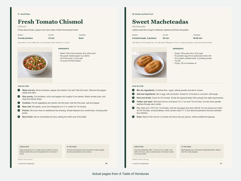 Two actual recipe pages from A Taste of Honduras.