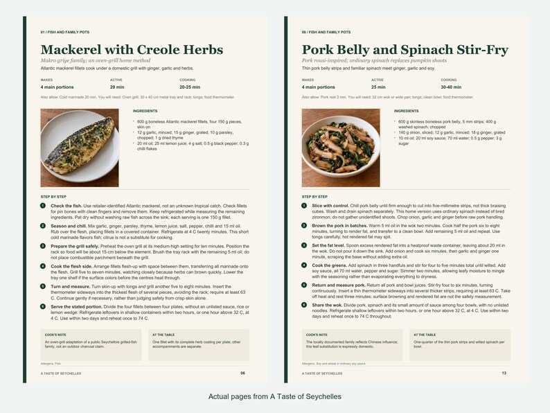 Two actual recipe pages from A Taste of Seychelles.