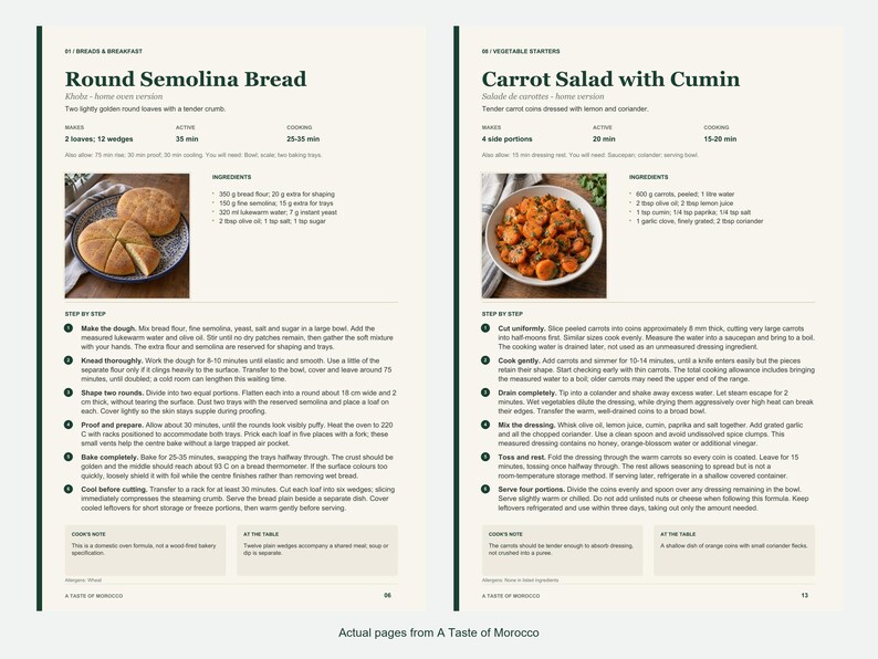 Two actual recipe pages from A Taste of Morocco.
