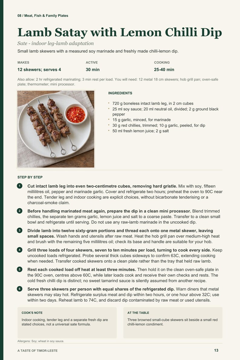 Actual PDF page 13 from A Taste of Timor-Leste: Lamb Satay with Lemon Chilli Dip recipe page.