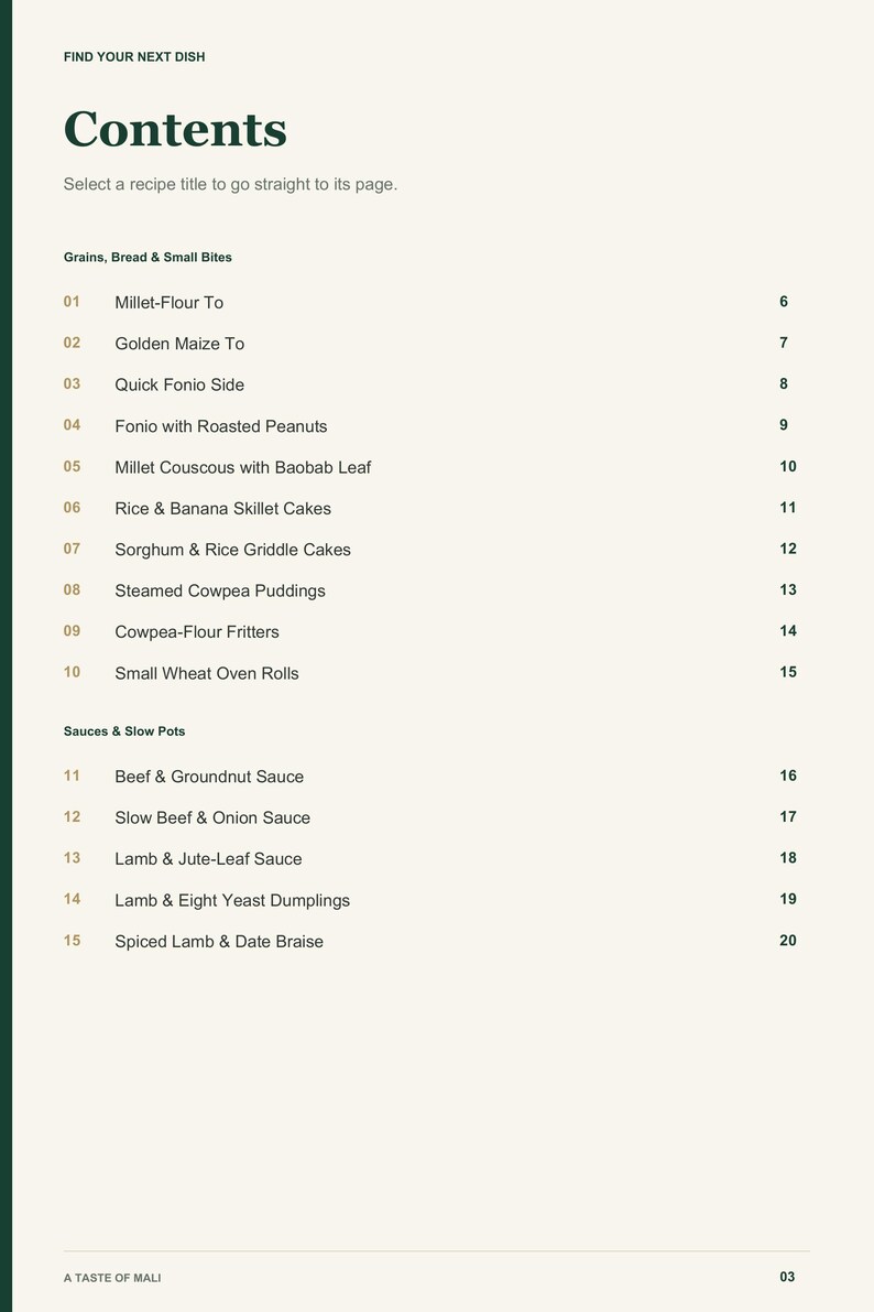 Actual PDF page 3 from A Taste of Mali: Contents, page 1.