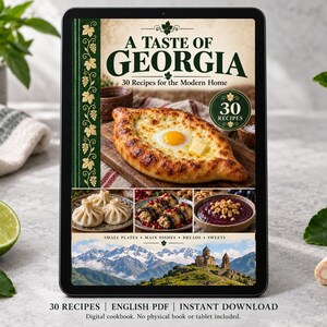 Digital cookbook mockup displaying the actual A Taste of Georgia cover. English PDF download only; no tablet or physical book included.