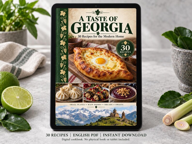 Digital cookbook mockup displaying the actual A Taste of Georgia cover. English PDF download only; no tablet or physical book included.