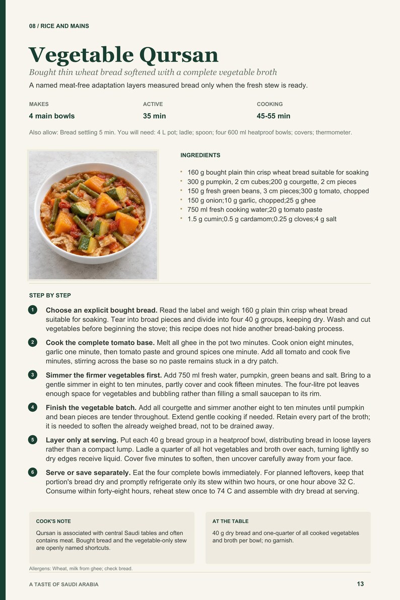 Actual PDF page 13 from A Taste of Saudi Arabia: Vegetable Qursan recipe page.