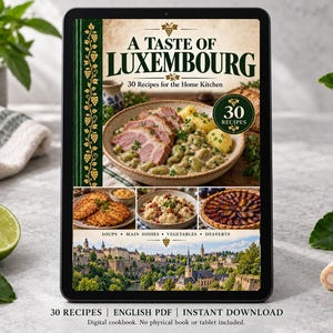 Digital cookbook mockup displaying the actual A Taste of Luxembourg cover. English PDF download only; no tablet or physical book included.