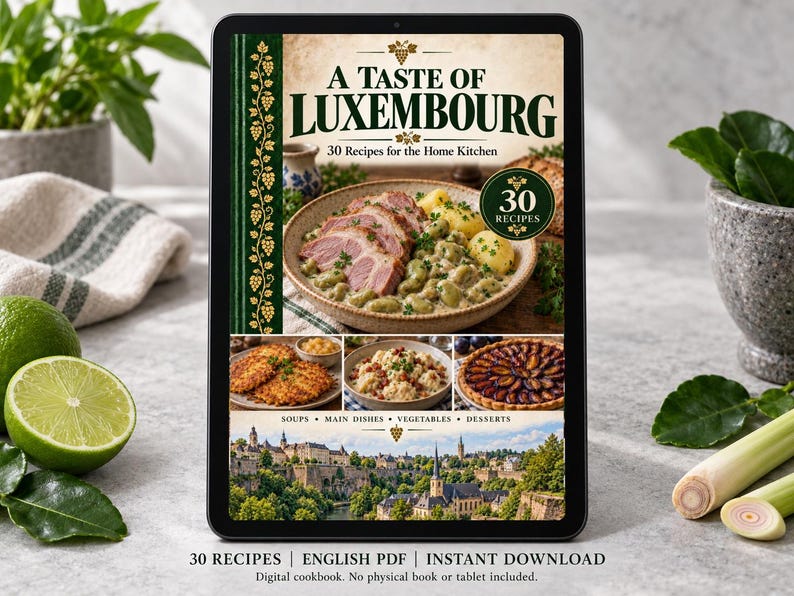Digital cookbook mockup displaying the actual A Taste of Luxembourg cover. English PDF download only; no tablet or physical book included.