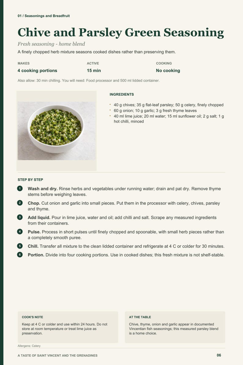 Actual PDF page 6 from A Taste of Saint Vincent and the Grenadines: Chive and Parsley Green Seasoning recipe page.