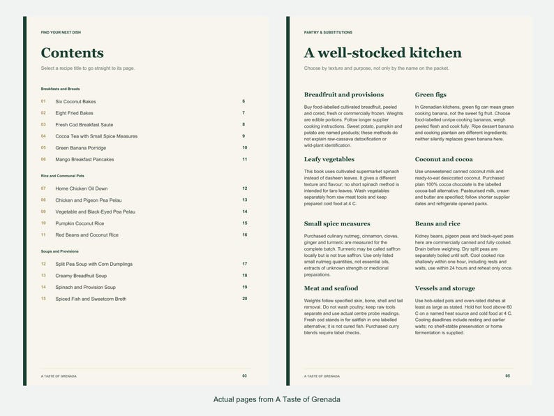 Actual contents and kitchen-notes pages from A Taste of Grenada.