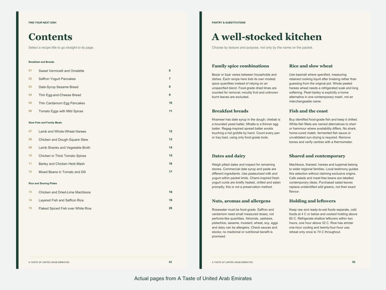 Actual contents and kitchen-notes pages from A Taste of United Arab Emirates.