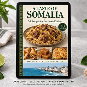 Digital cookbook mockup displaying the actual A Taste of Somalia cover. English PDF download only; no tablet or physical book included.