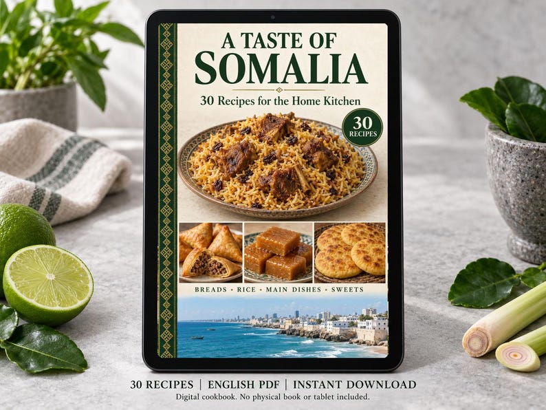 Digital cookbook mockup displaying the actual A Taste of Somalia cover. English PDF download only; no tablet or physical book included.
