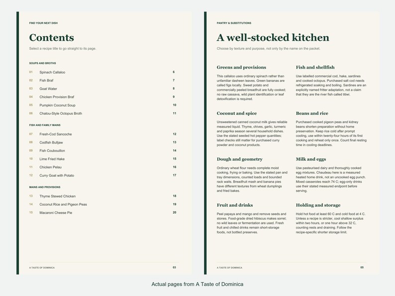 Actual contents and kitchen-notes pages from A Taste of Dominica.