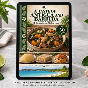 Digital cookbook mockup displaying the actual A Taste of Antigua and Barbuda cover. English PDF download only; no tablet or physical book included.