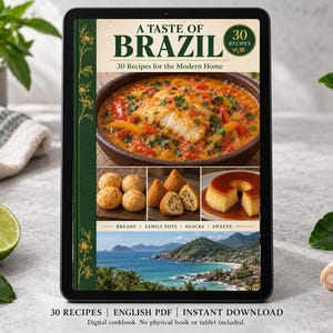 Digital cookbook mockup displaying the actual A Taste of Brazil cover. English PDF download only; no tablet or physical book included.