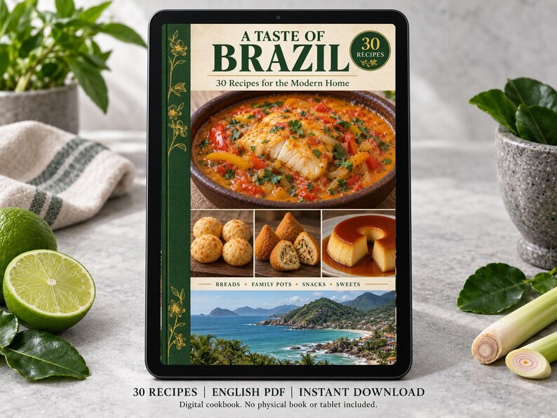 Digital cookbook mockup displaying the actual A Taste of Brazil cover. English PDF download only; no tablet or physical book included.