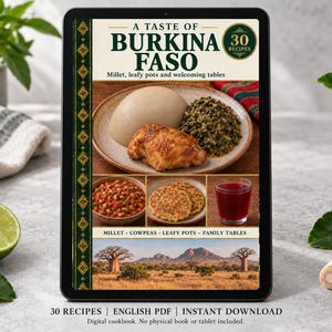 Digital cookbook mockup displaying the actual A Taste of Burkina Faso cover. English PDF download only; no tablet or physical book included.