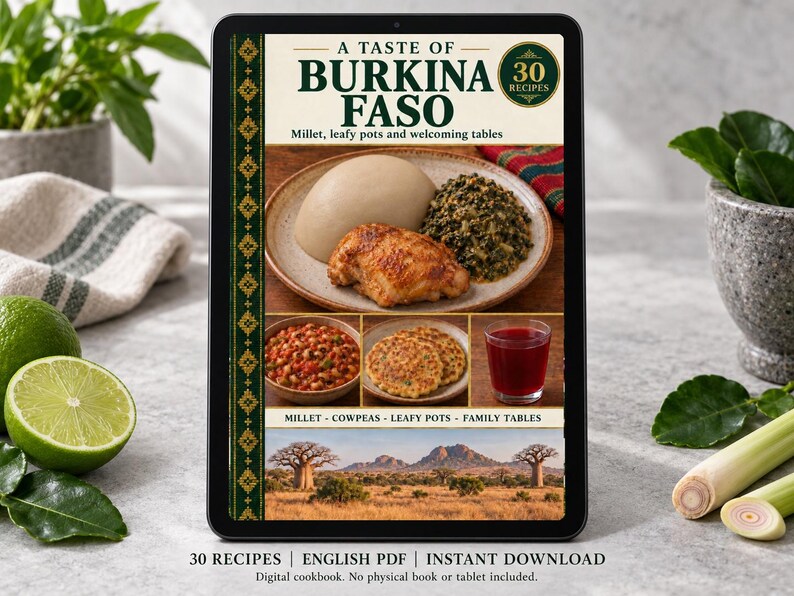 Digital cookbook mockup displaying the actual A Taste of Burkina Faso cover. English PDF download only; no tablet or physical book included.