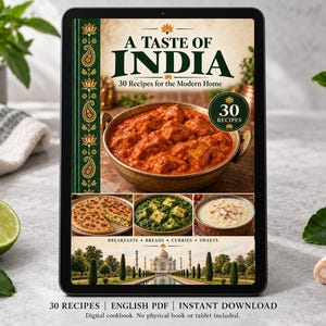 Digital cookbook mockup displaying the actual A Taste of India cover. English PDF download only; no tablet or physical book included.