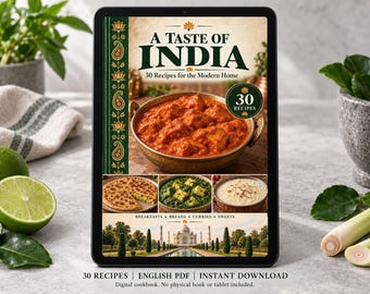 May include: A digital cookbook titled A Taste of India featuring 30 recipes for the modern home. The cover displays a bowl of curry, three smaller food images, and the Taj Mahal. Text includes 30 Recipes, English PDF, and Instant Download.