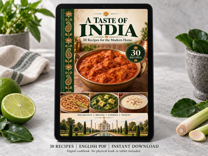 Digital cookbook mockup displaying the actual A Taste of India cover. English PDF download only; no tablet or physical book included.