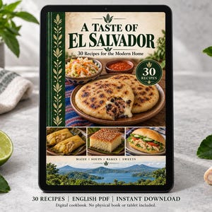 Digital cookbook mockup displaying the actual A Taste of El Salvador cover. English PDF download only; no tablet or physical book included.