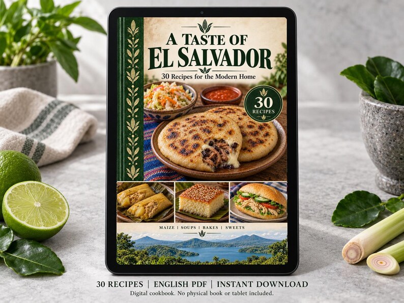 Digital cookbook mockup displaying the actual A Taste of El Salvador cover. English PDF download only; no tablet or physical book included.