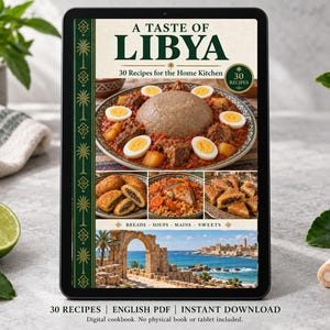 Digital cookbook mockup displaying the actual A Taste of Libya cover. English PDF download only; no tablet or physical book included.
