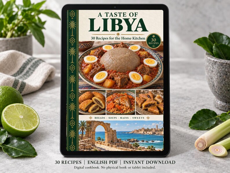 Digital cookbook mockup displaying the actual A Taste of Libya cover. English PDF download only; no tablet or physical book included.